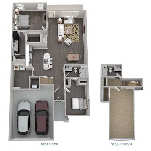 3-D floor plan for 3-bedroom, 3-bathroom, 2-story twonhome with attached 2-car garage (1st & 2nd floors)